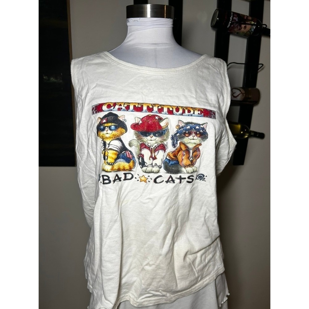 Cattitude Bad Cats Graphic Muscle Tank Top White Sleeveless Tee Vintage Style